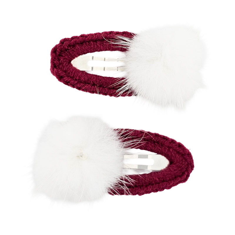 Crochet Hair Clip Pom Pom Burgandy